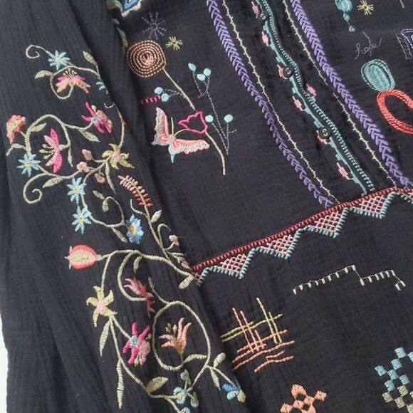 XL JOHNNY WAS EMBROIDERED COTTON LIGHTWEIGHT BOHO TUNIC TOP NAVY FRONT POCKET - Picture 15 of 15